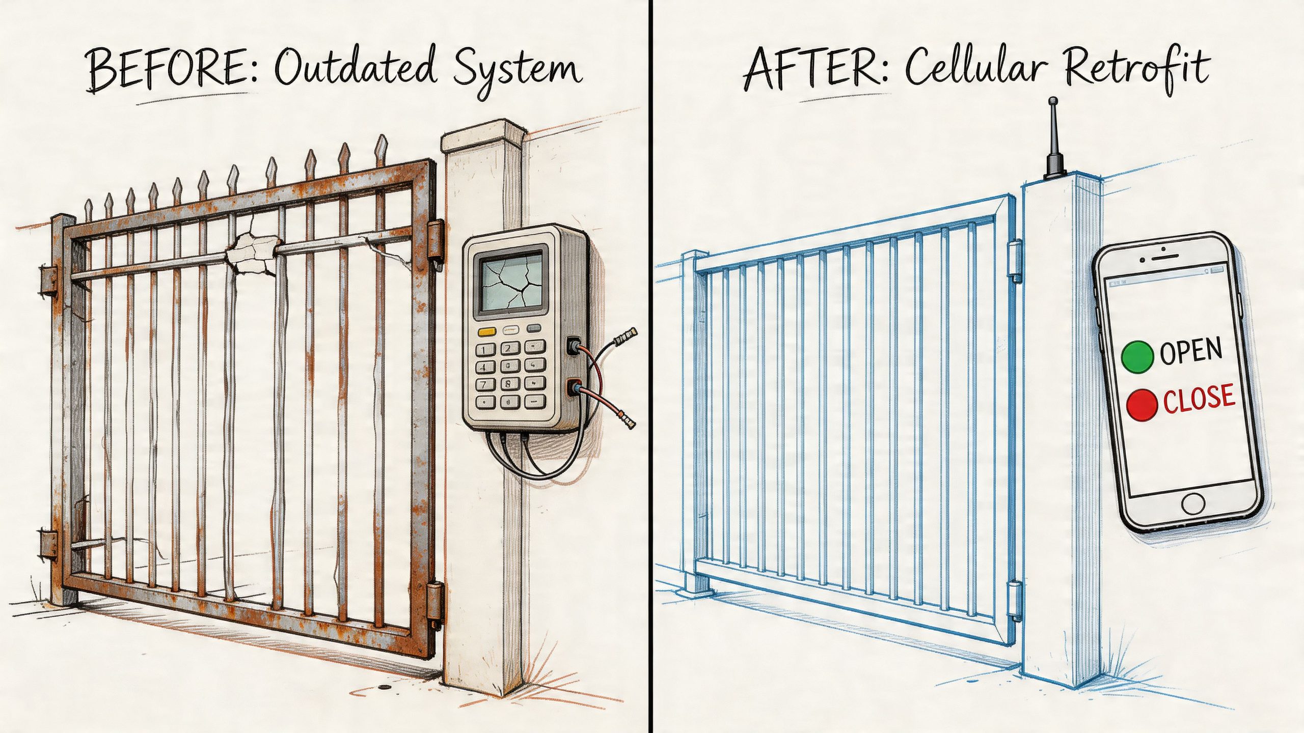A comparison showing an old damaged gate keypad versus a modern cellular remote access control smartphone app.