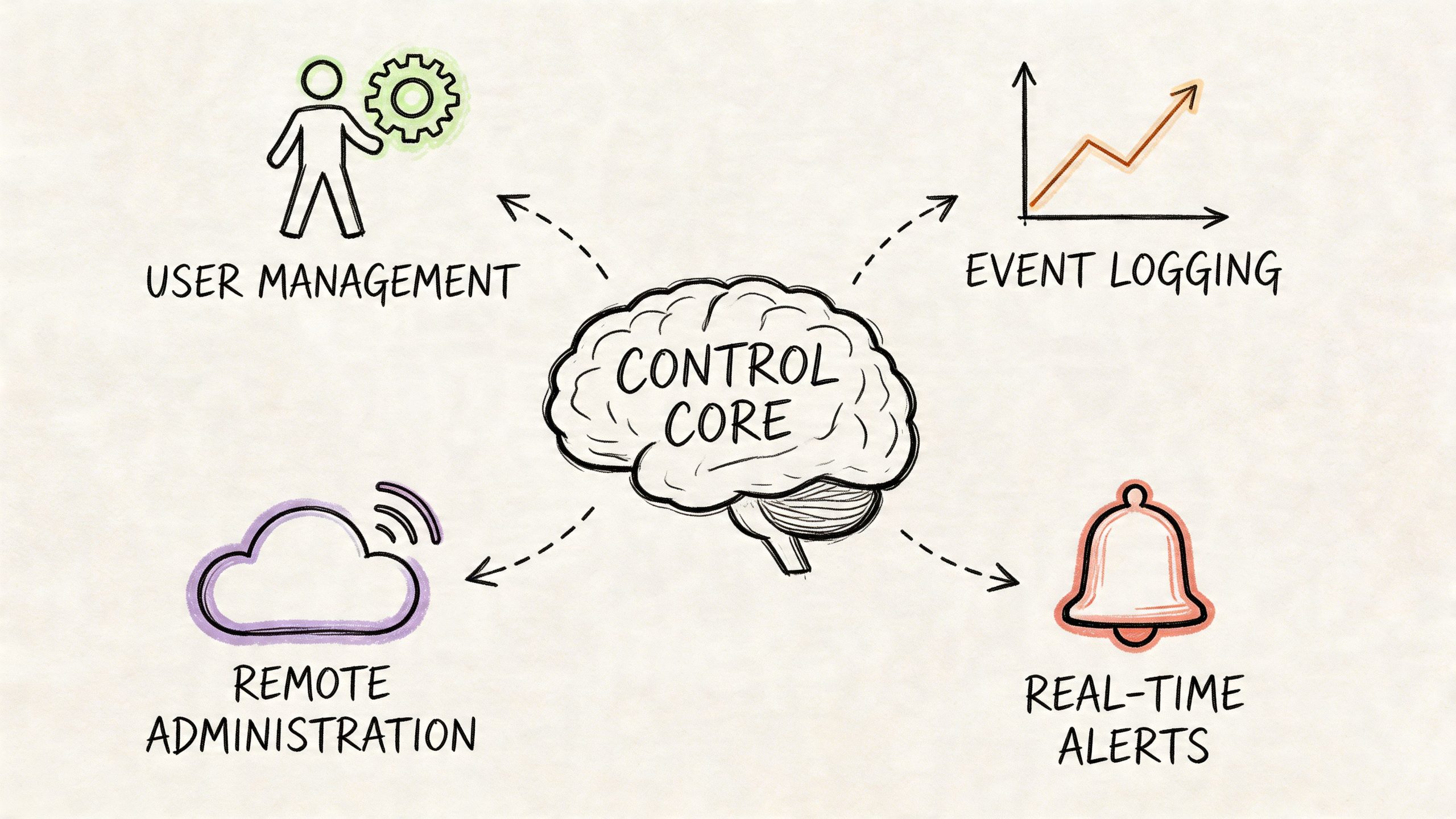 A hand-drawn diagram showing a central brain labeled Control Core connected to four management system icons.