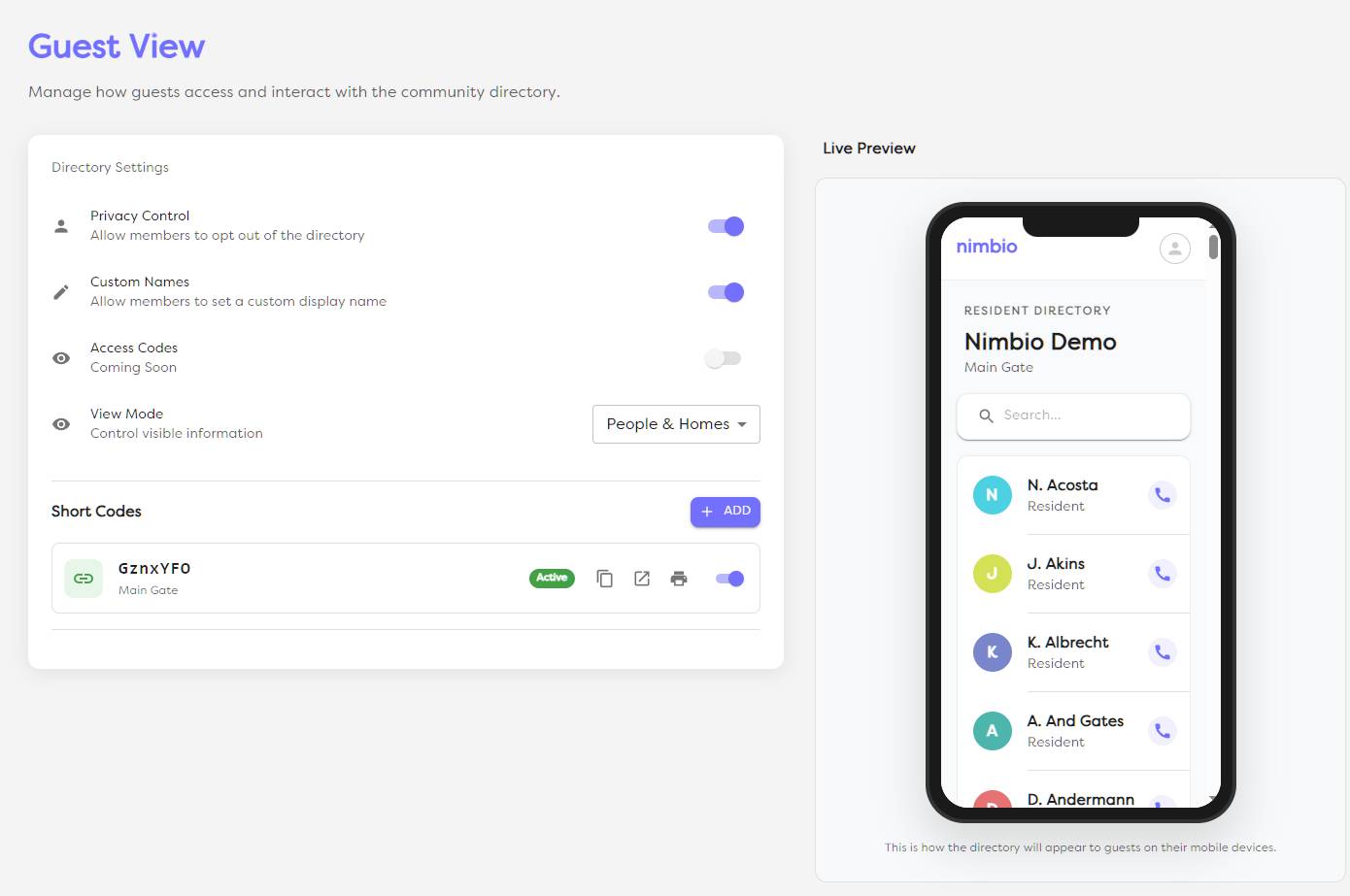 Nimbio GuestView Manager Dashboard showing community access control