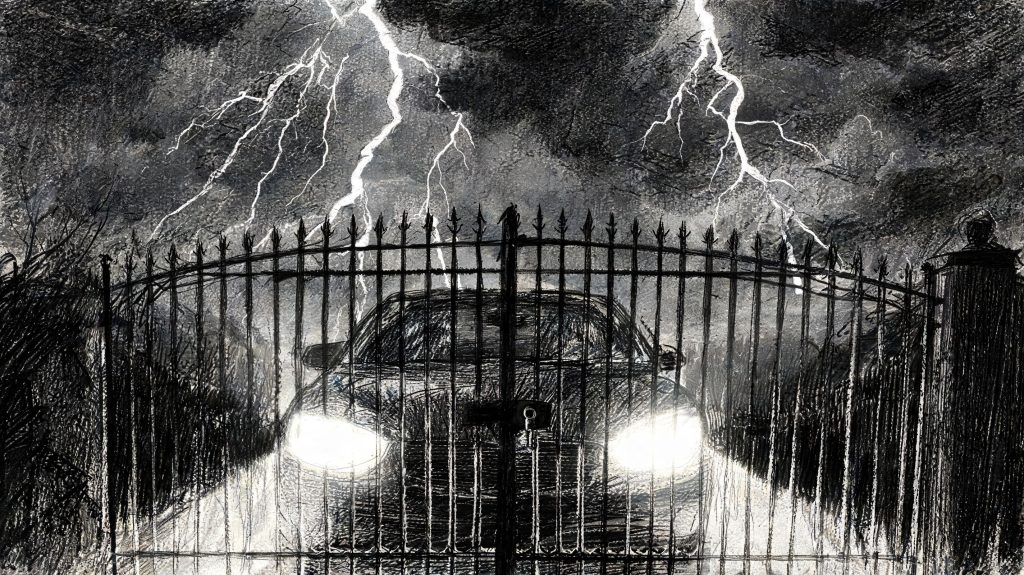 A car waits behind a locked metal gate during a dark stormy night with lightning flashes.