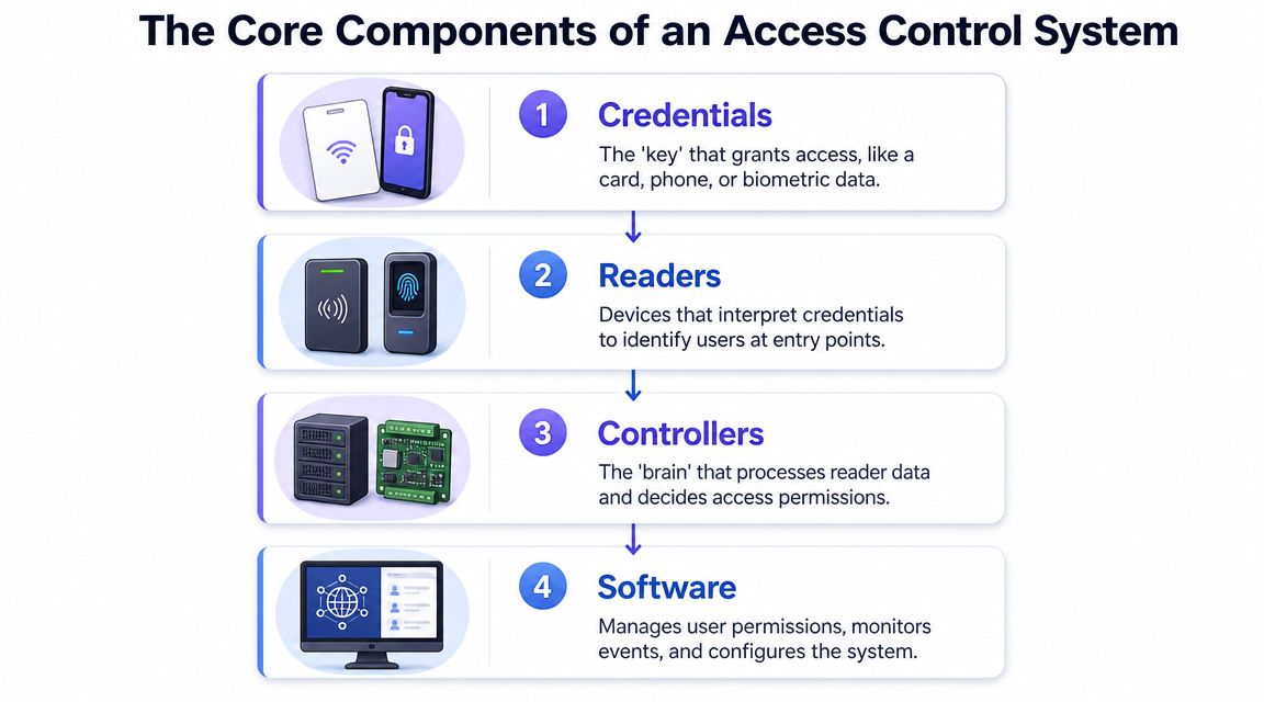 A diagram outlining the four core components of an electronic access control system including credentials, readers, controllers, and software.