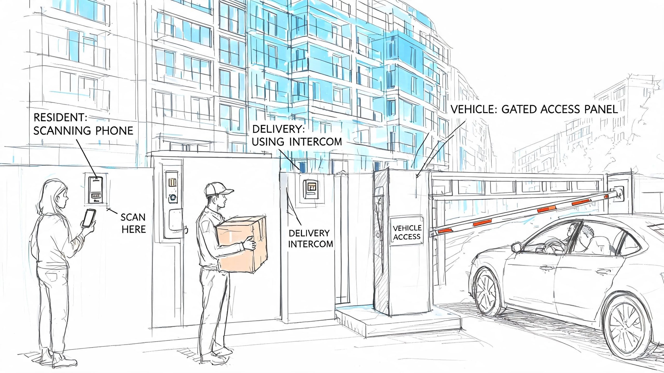 A line drawing illustration showing people using various electronic access control systems for residents and delivery personnel.