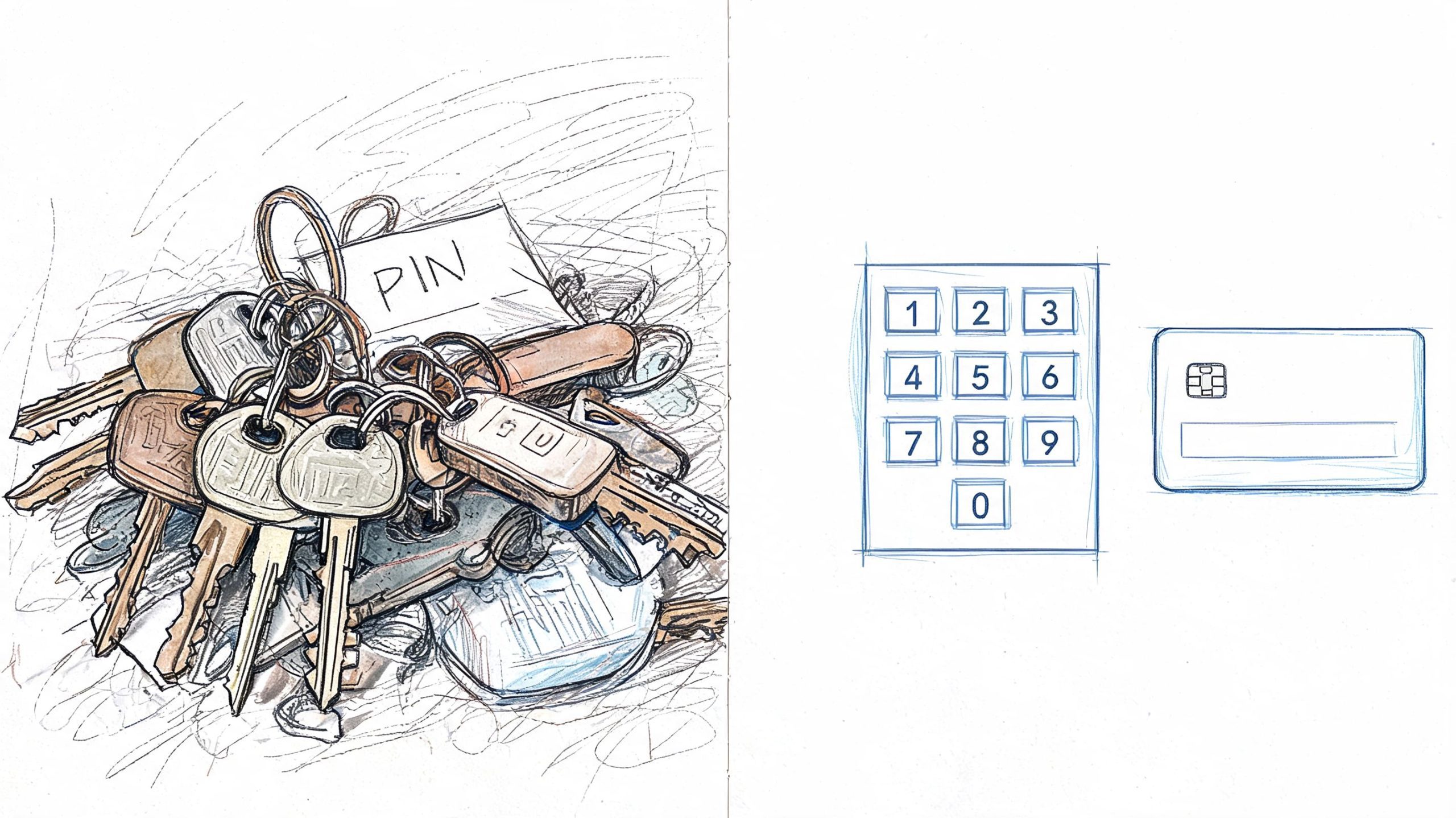 A conceptual illustration showing a jumbled keychain with a PIN label alongside a keypad and credit card.