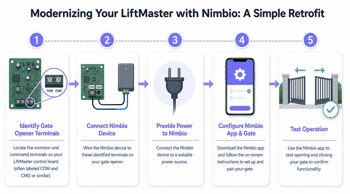 A five-step infographic showing how to retrofit a LiftMaster electric gate opener with the Nimbio control device.