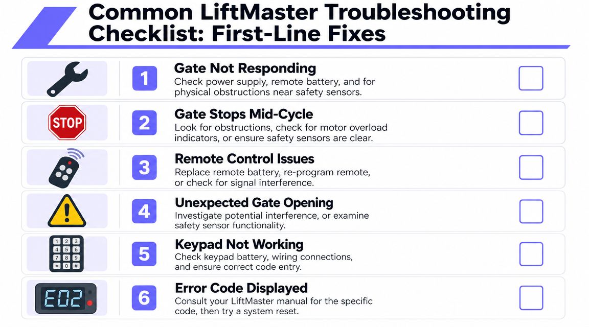A troubleshooting checklist for LiftMaster electric gate openers featuring common issues like signal problems and error codes.