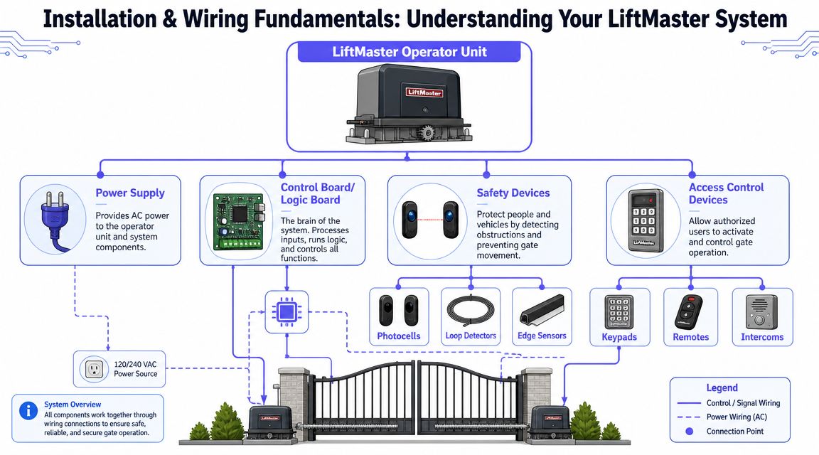 A diagram illustrating the wiring and components of a LiftMaster electric gate opener installation system.