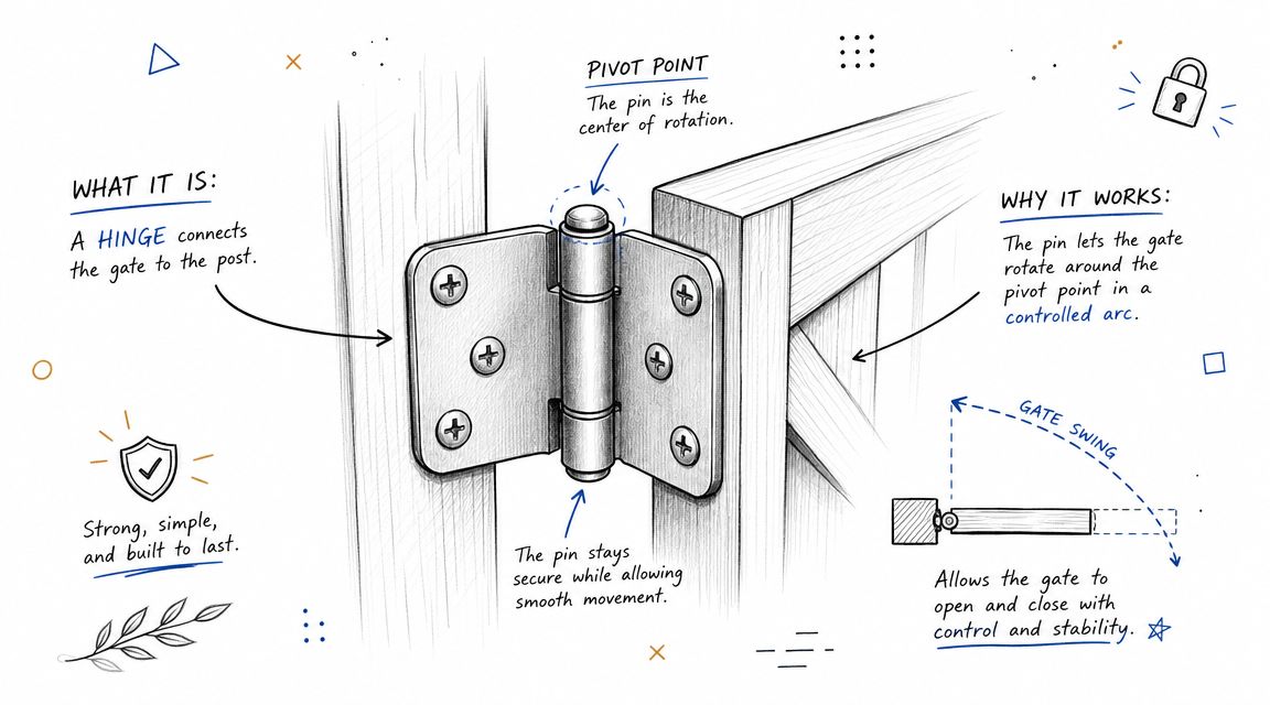 A diagram illustrating the mechanics of a swinging gate hinge connecting a gate to a post.