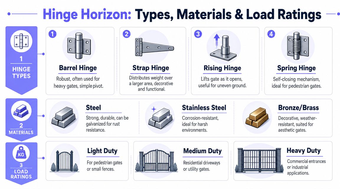 An infographic titled Hinge Horizon detailing different types, materials, and load ratings for swinging gate hinges.
