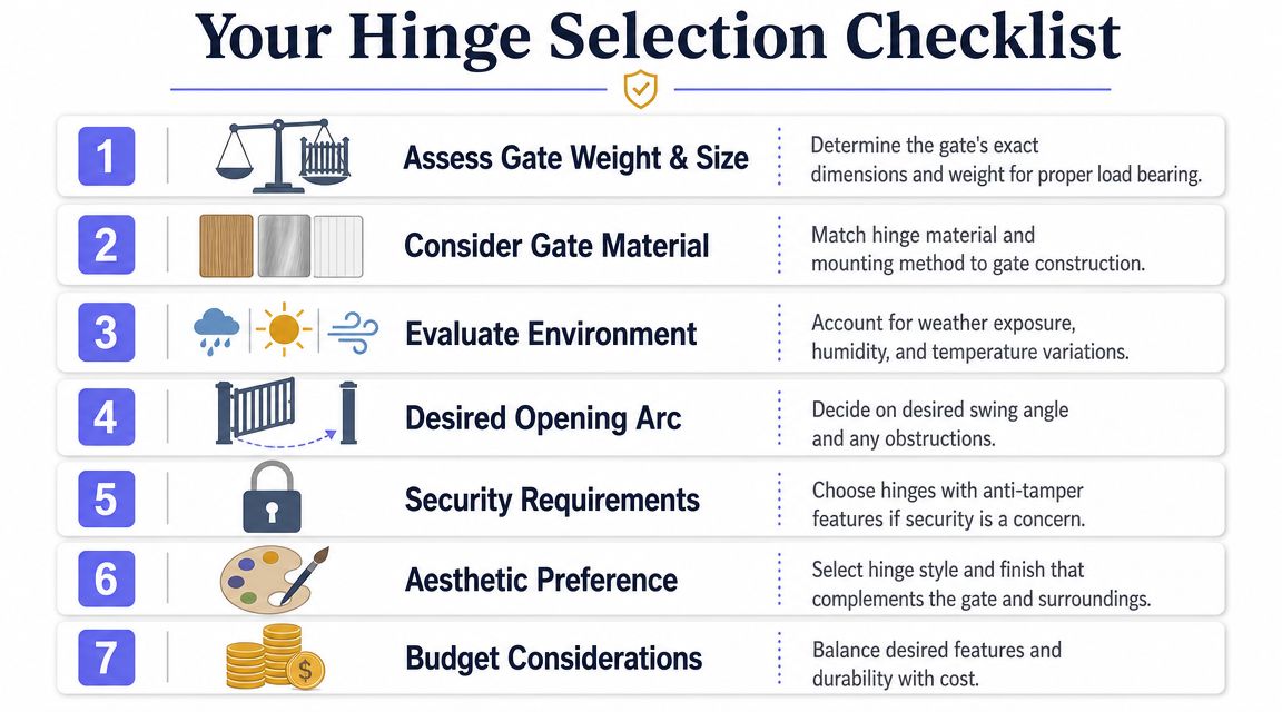 A checklist infographic illustrating seven essential steps to consider when selecting hinges for your swinging gate.