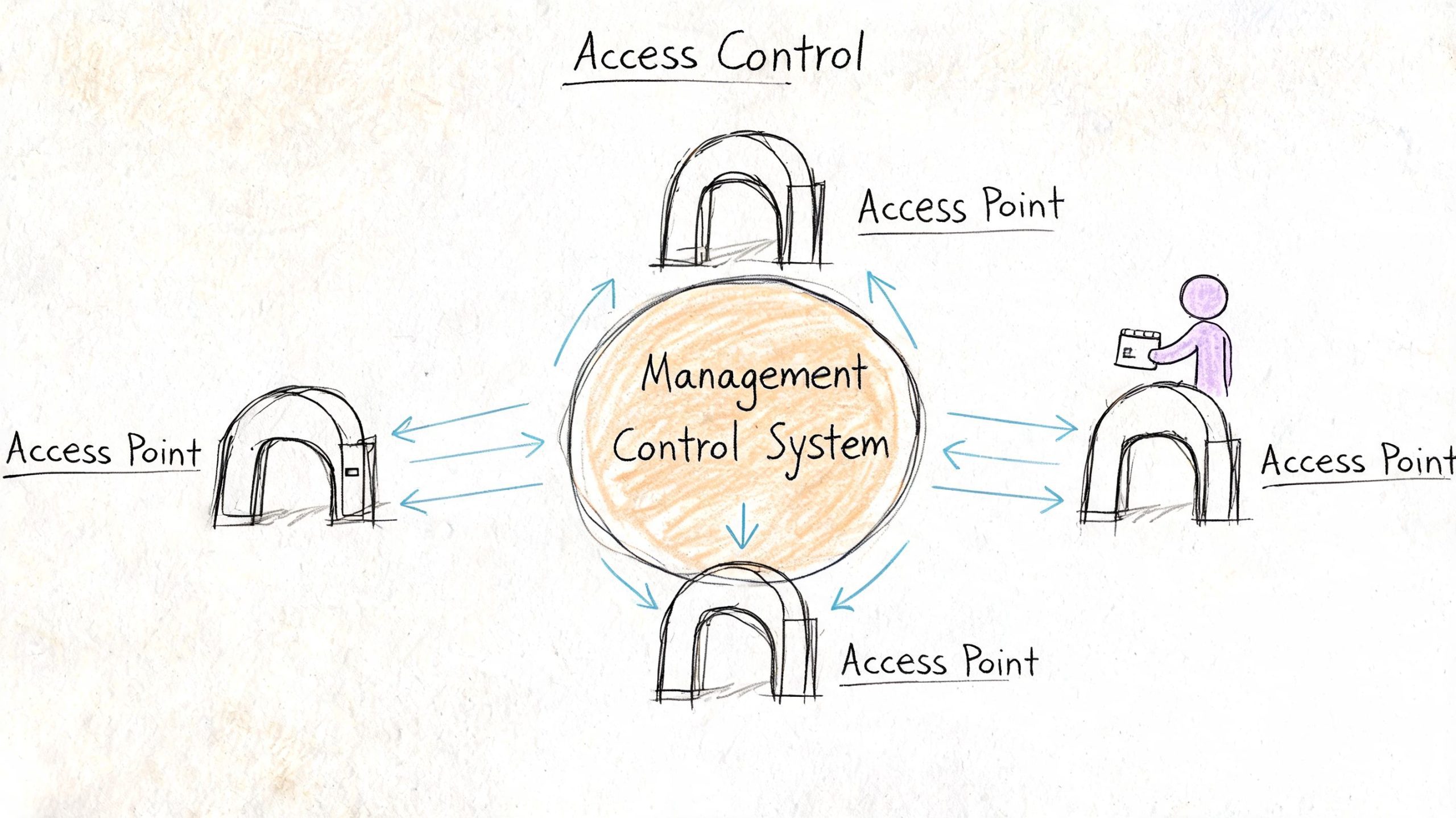 A hand-drawn diagram illustrating an access control system with four access points linked to a management system.