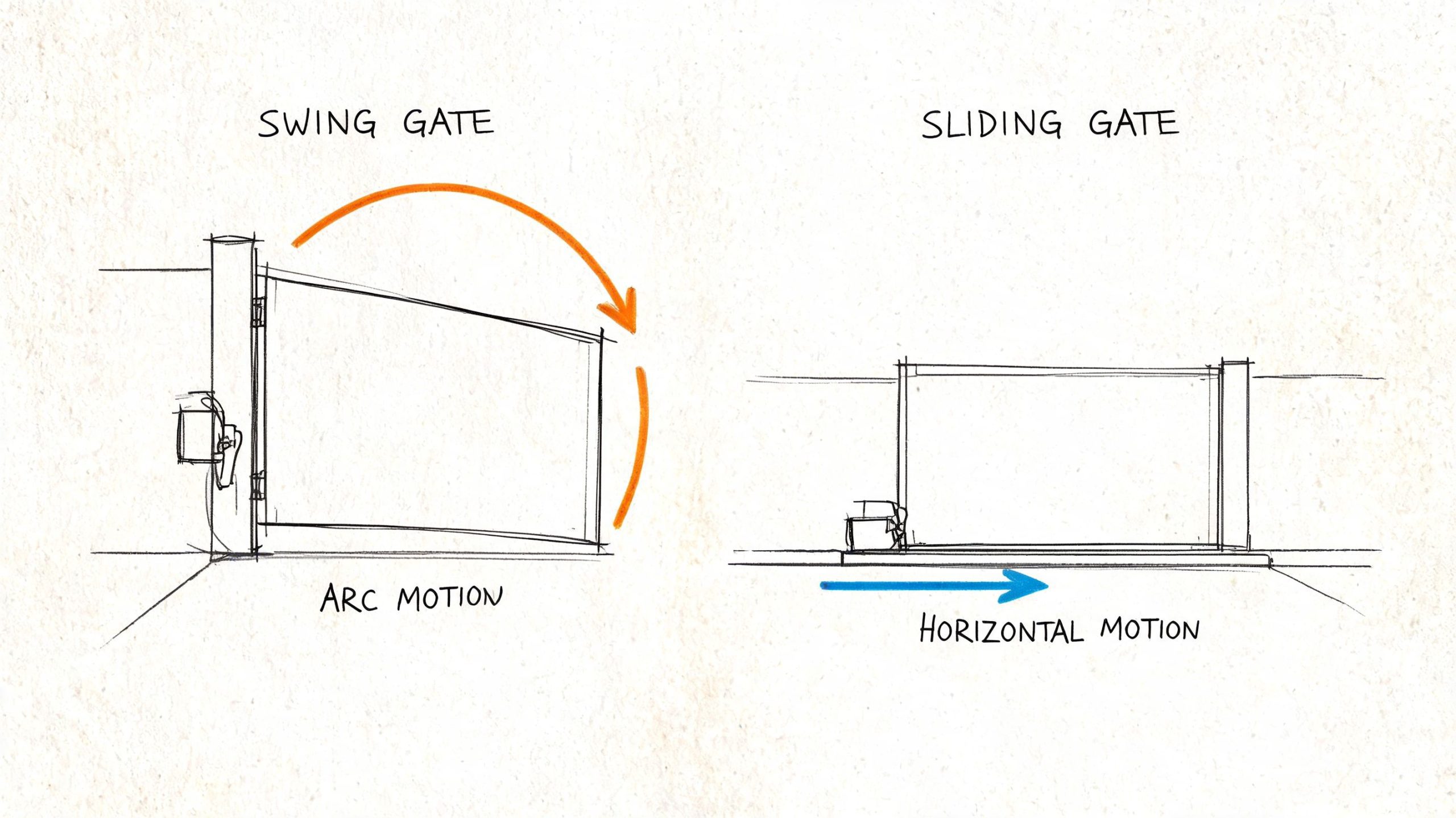 A diagram comparing the movement of a swing gate using arc motion and a sliding gate using horizontal motion.
