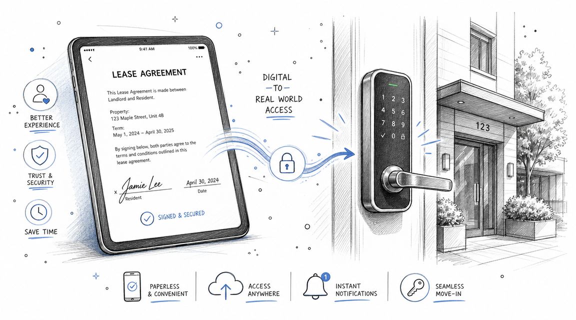 A digital illustration showing the transition from signing a digital lease agreement to unlocking a smart door.