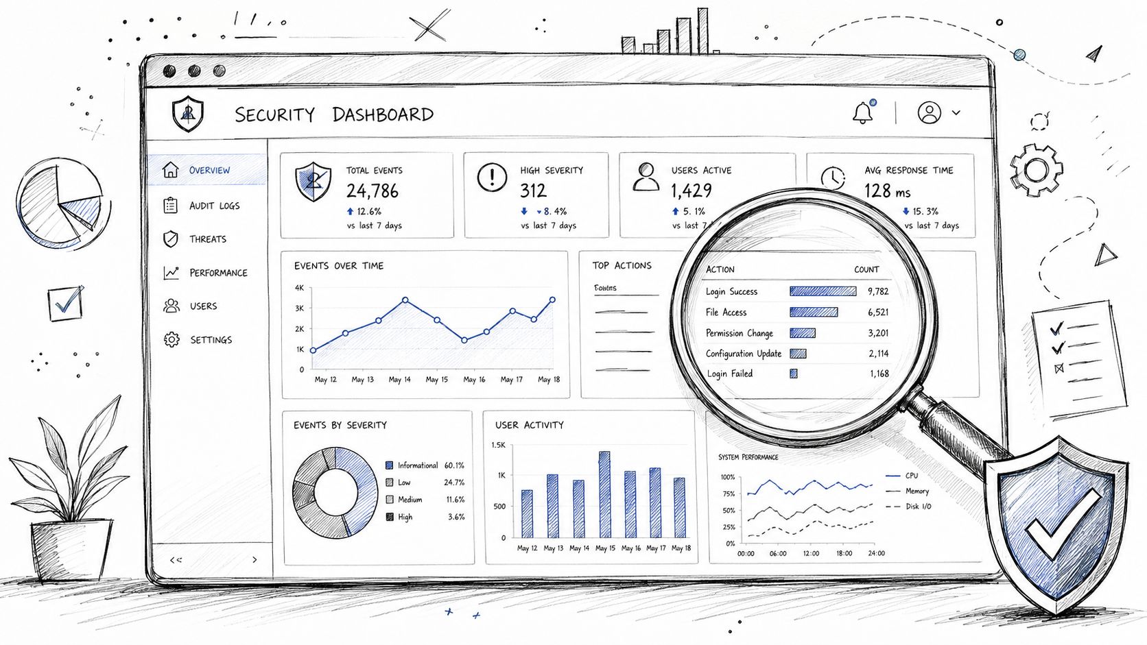 A hand-drawn sketch of a security dashboard interface featuring various analytical charts, graphs, and a magnifying glass.