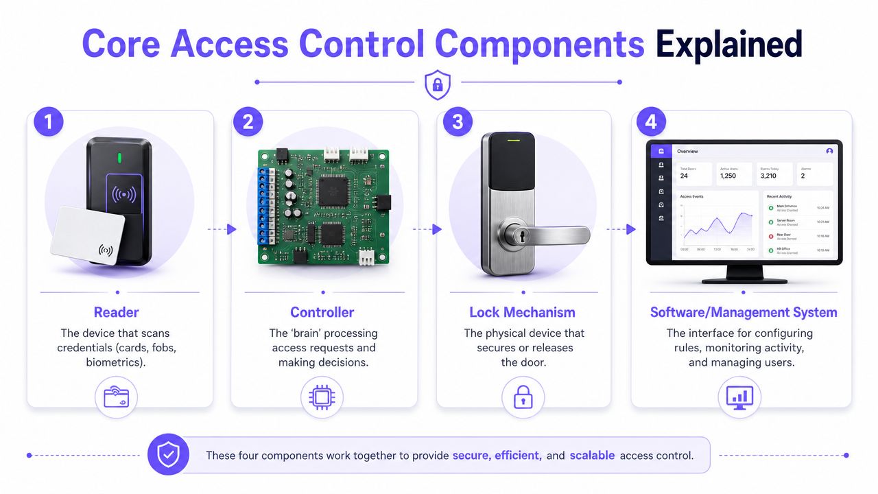 An infographic illustrating the four core components of access control door systems, including the reader, controller, lock, and software.