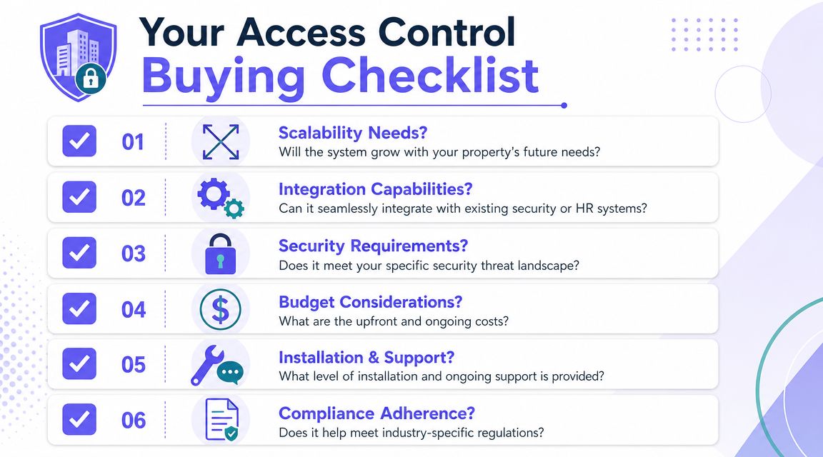 An infographic titled Your Access Control Buying Checklist featuring six essential factors for choosing a security system.