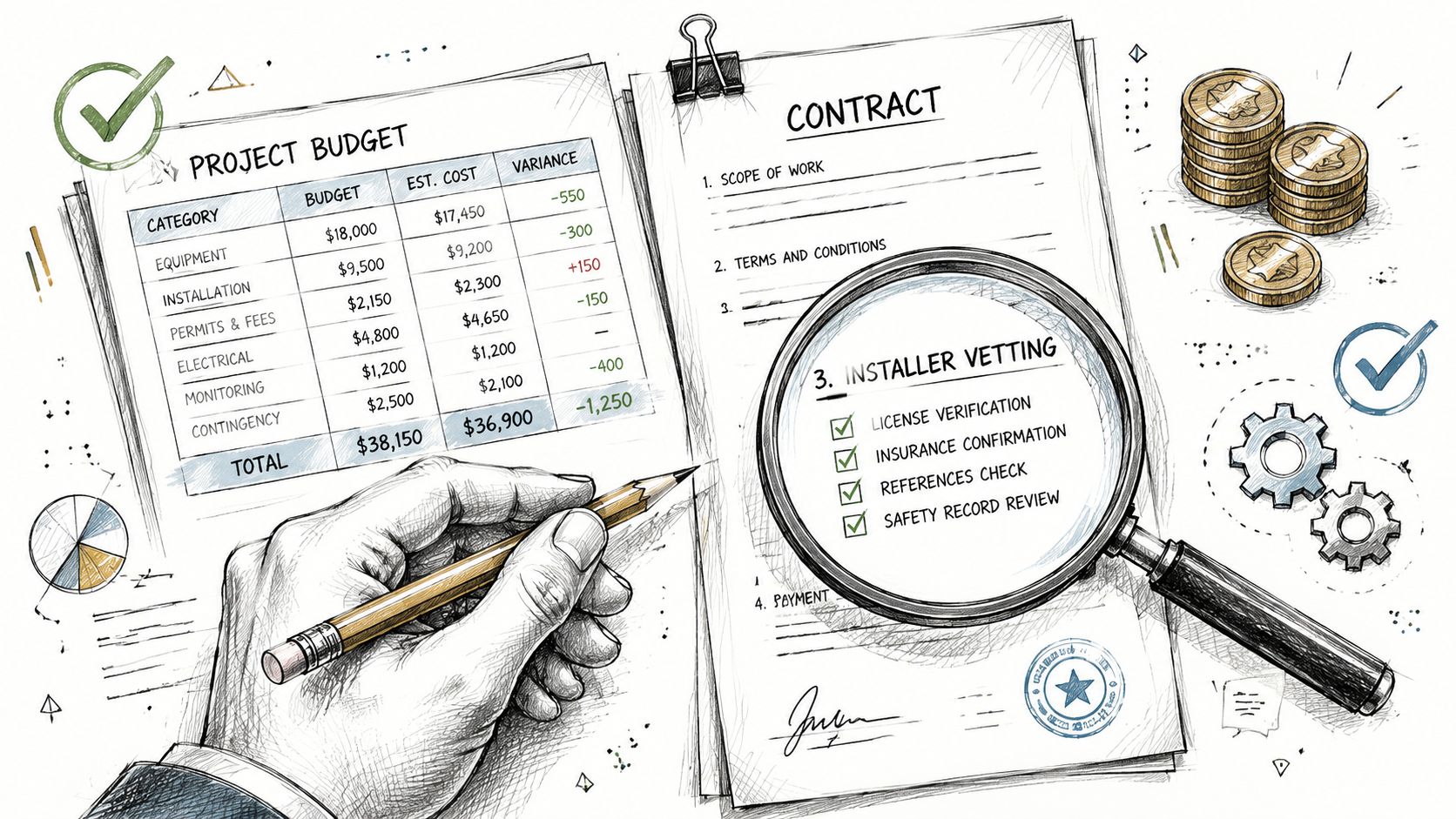 Hand with pencil reviewing a project budget table and a contract regarding commercial gate opener installation details.