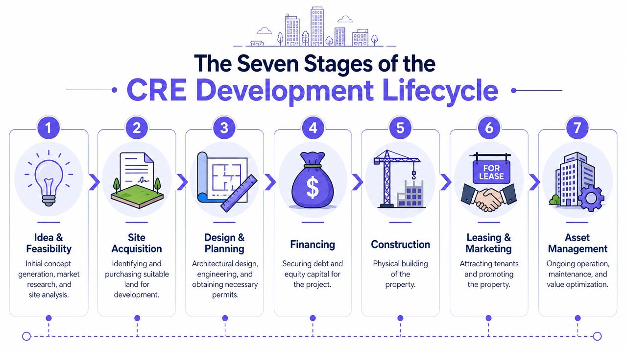 A diagram outlining the seven stages of the commercial real estate development lifecycle, from concept to management.