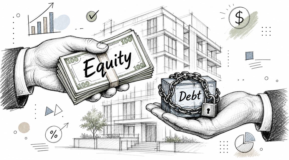 A hand holds a stack of cash labeled Equity while another hand holds a chained box labeled Debt.