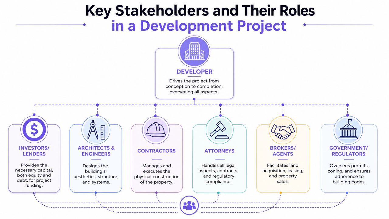 A diagram illustrating the key stakeholders and their specific roles in a commercial real estate development project.