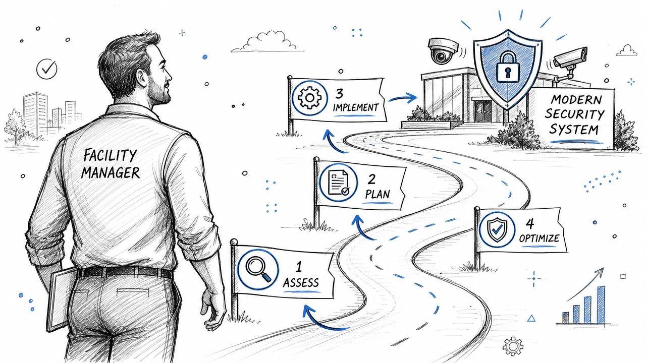 A facility manager standing before a roadmap leading to a modern security system building with four steps.