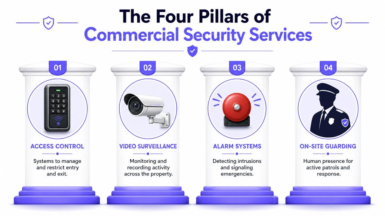 An infographic showing the four essential pillars of commercial security services including access control, video surveillance, alarm systems, and on-site guarding.