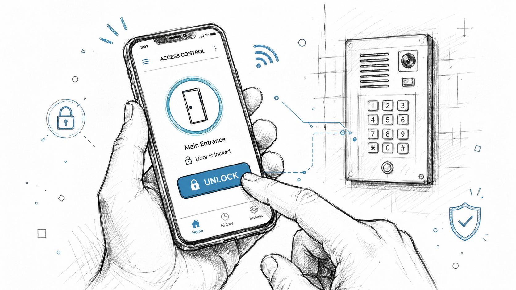 A person using a smartphone app to remotely unlock a digital security door entry system