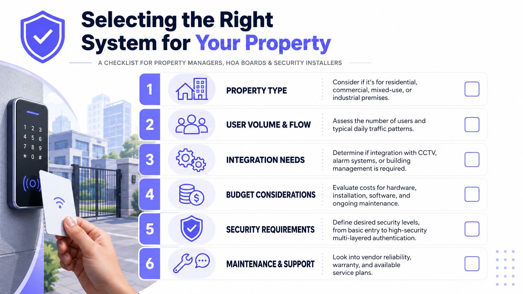 An infographic checklist for property managers outlining six key factors to consider when selecting an access control system.