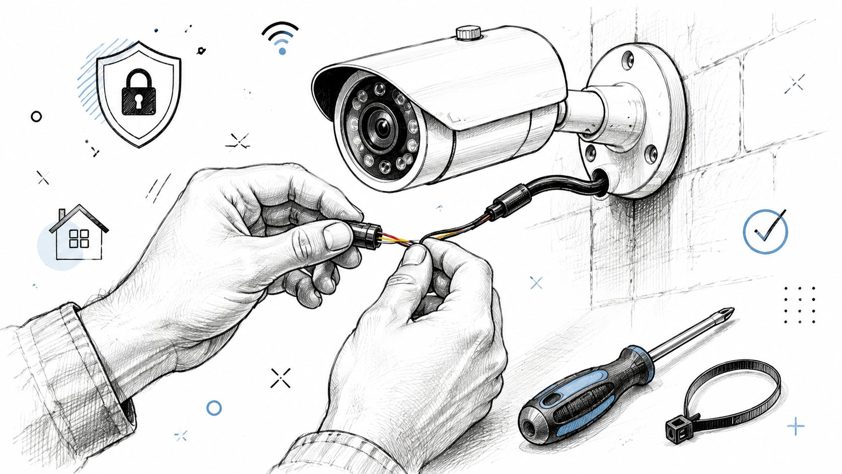 A professional technician carefully installing a security camera on a brick wall with tools nearby.