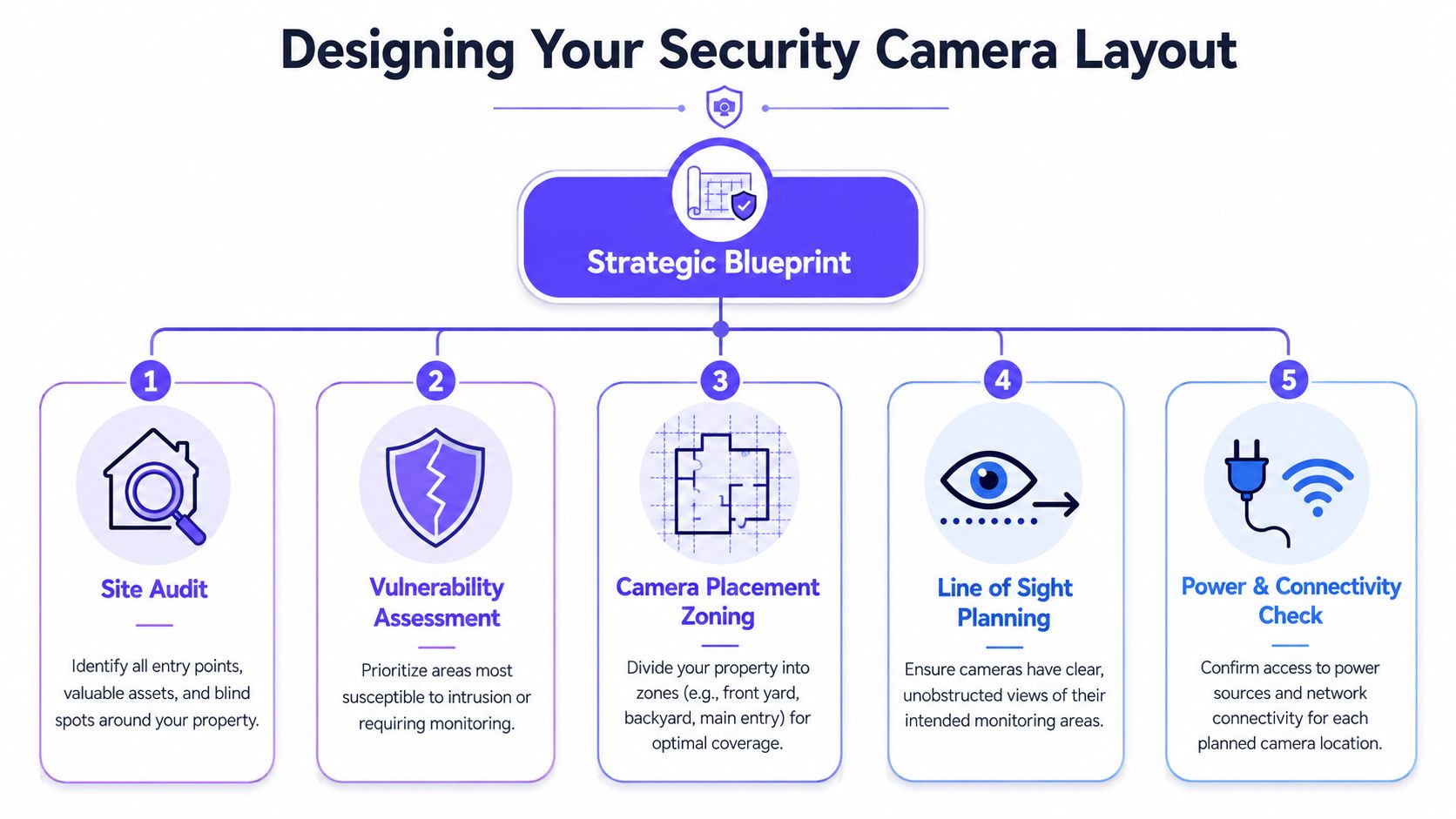 A diagram outlining five steps to design a strategic security camera layout for a property.