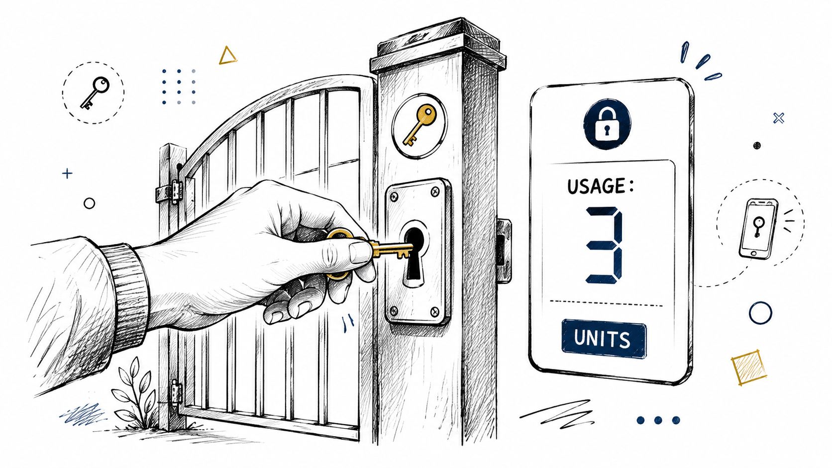 A hand inserting a key into a lock, with a digital counter showing usage units for access control.