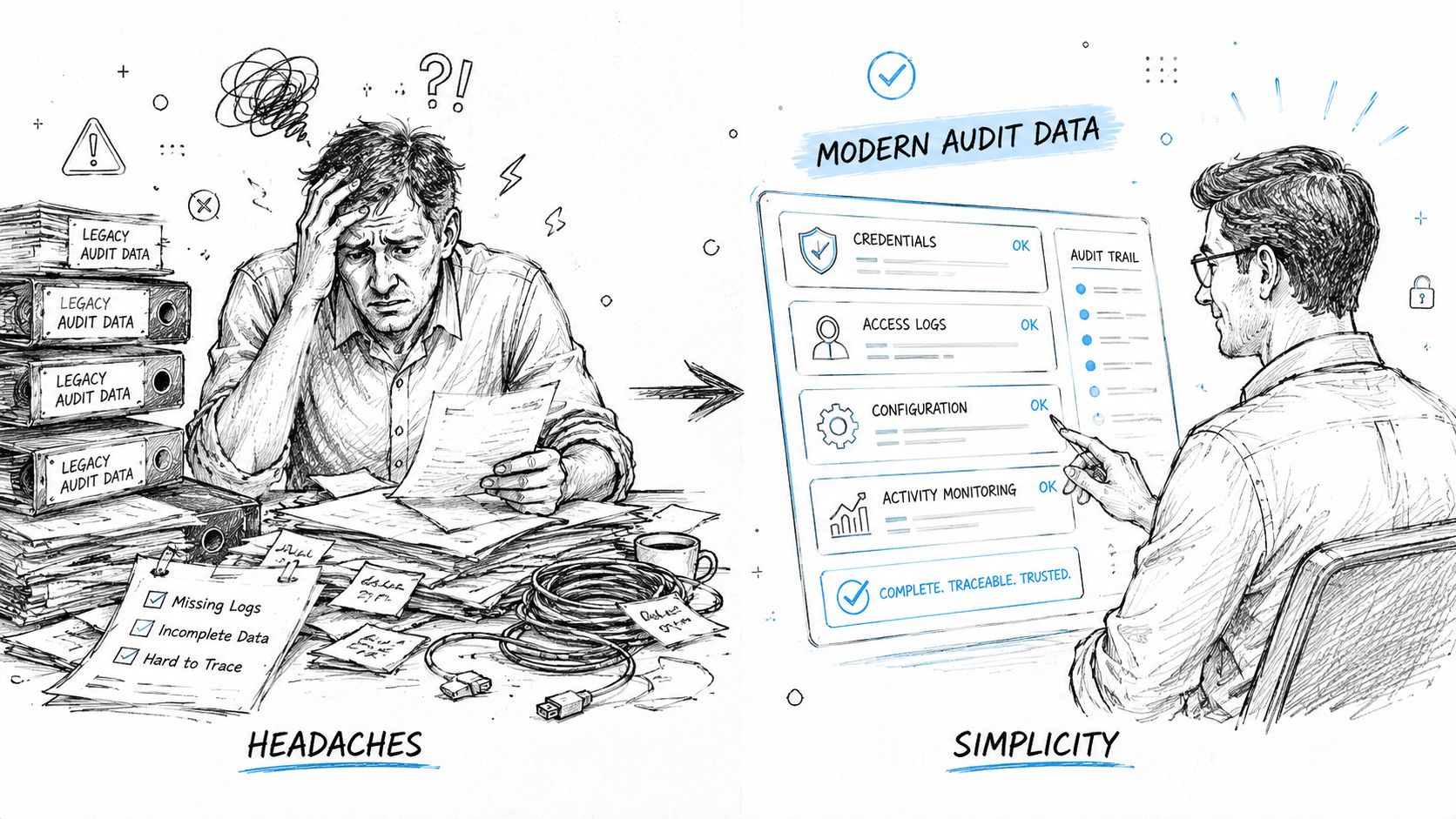 A split image showing a stressed person with messy legacy audit paperwork compared to a calm professional using modern digital audit software.