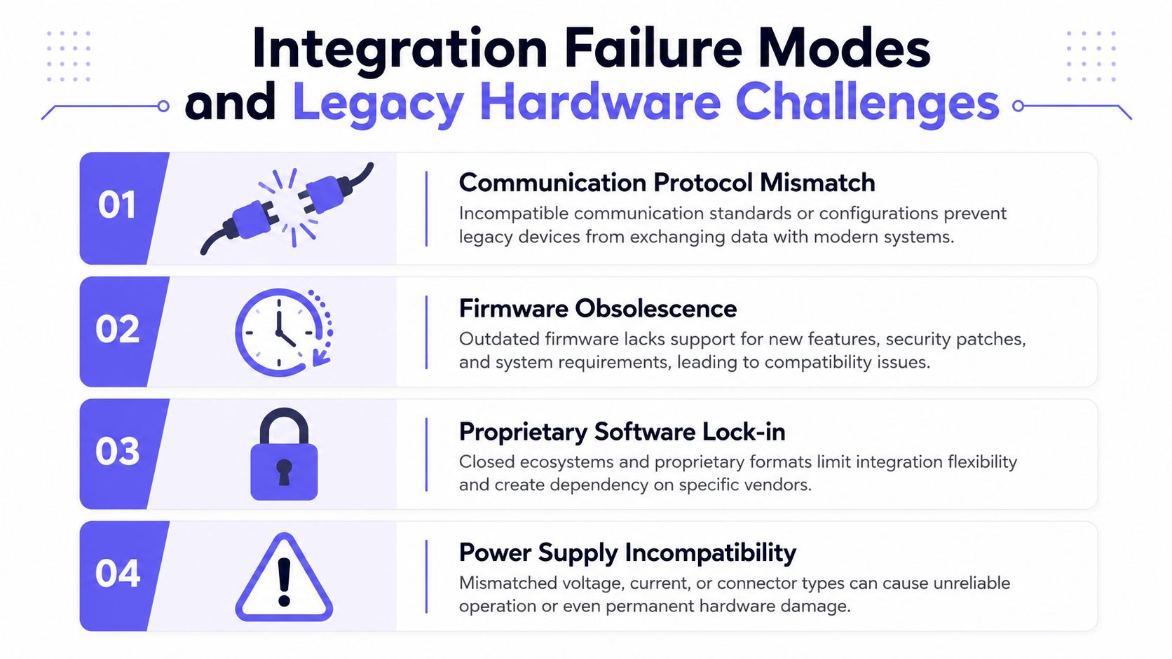 A list of four common integration failure modes and technical challenges encountered when using legacy hardware devices.