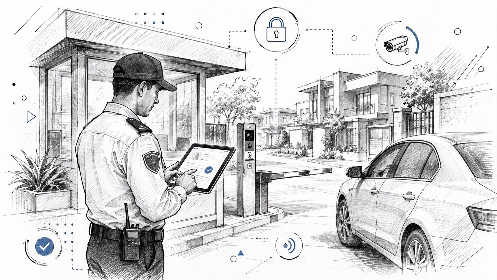 A security guard uses a digital tablet to manage access control at a residential gate entrance.