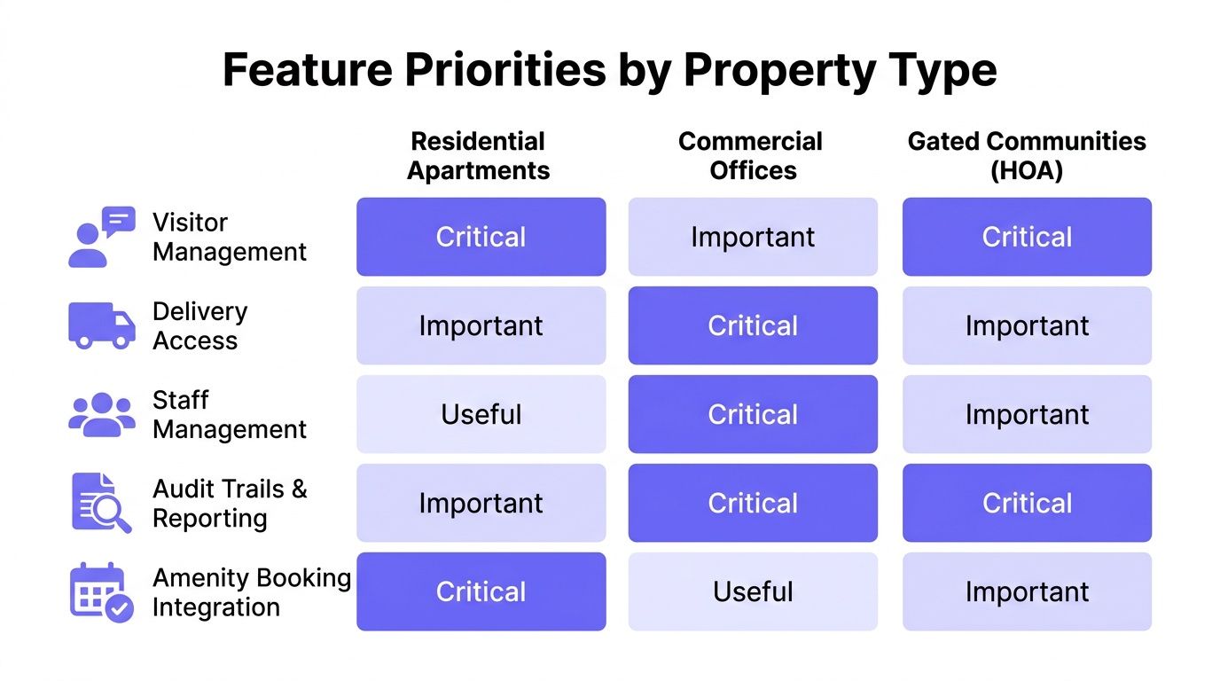 A feature priority chart comparing visitor management, deliveries, staff, audit trails, and booking tools across property types.