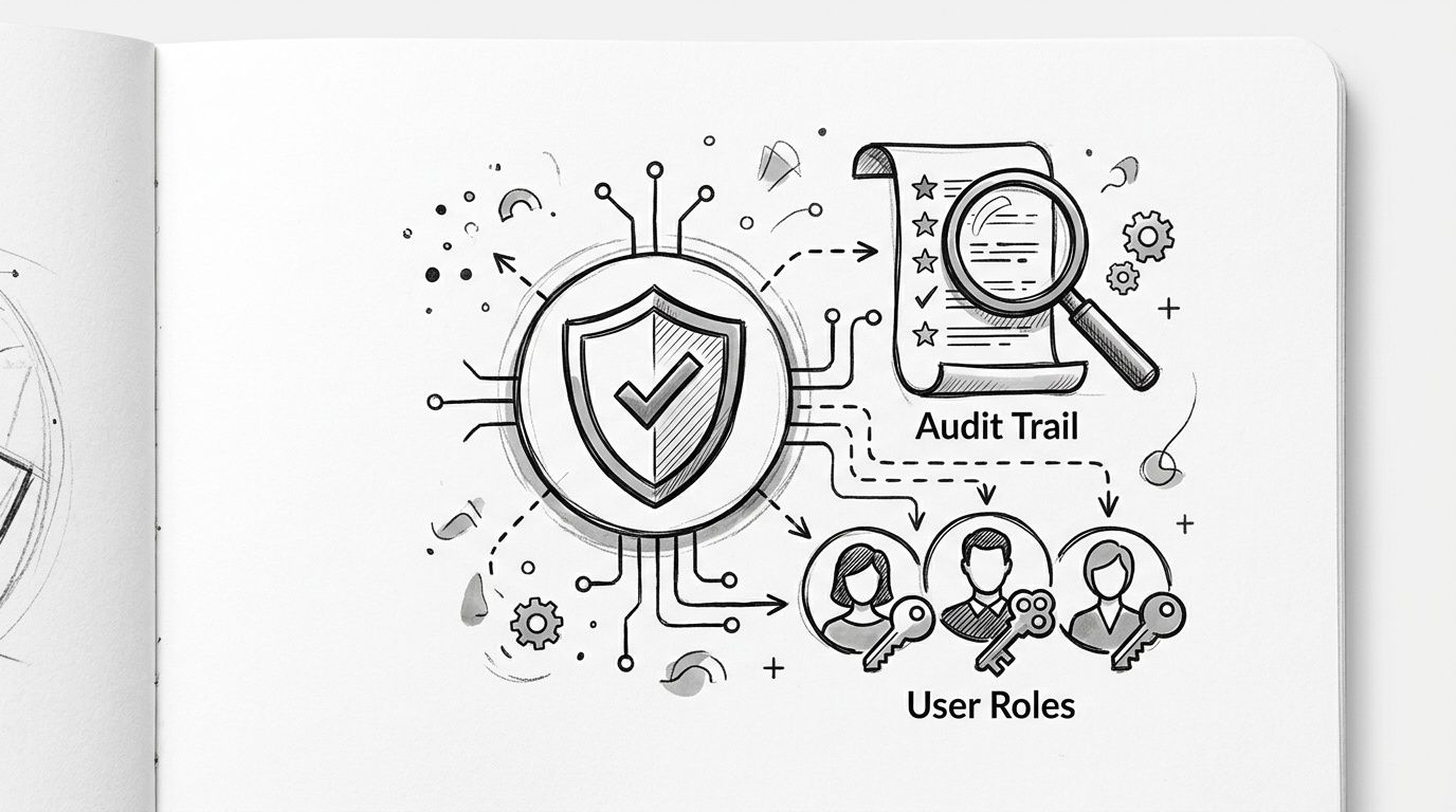 A hand-drawn sketch illustrating security concepts including an audit trail, shield icon, and different user roles.