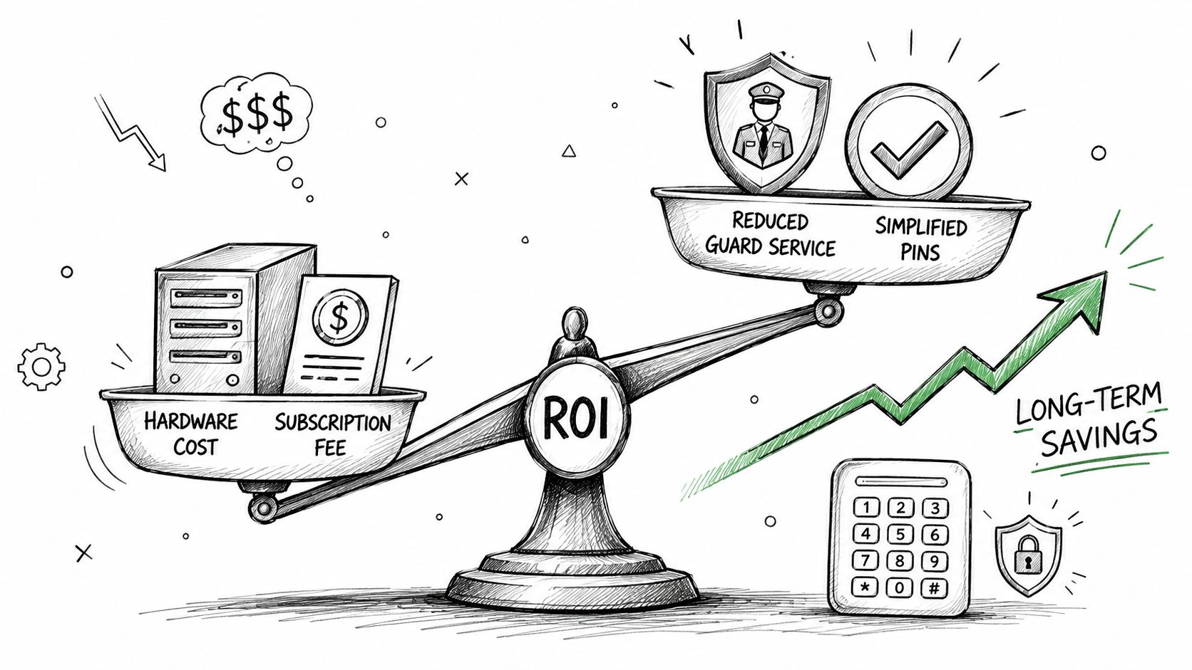 A conceptual sketch showing a balance scale depicting ROI between hardware costs and long-term security savings.