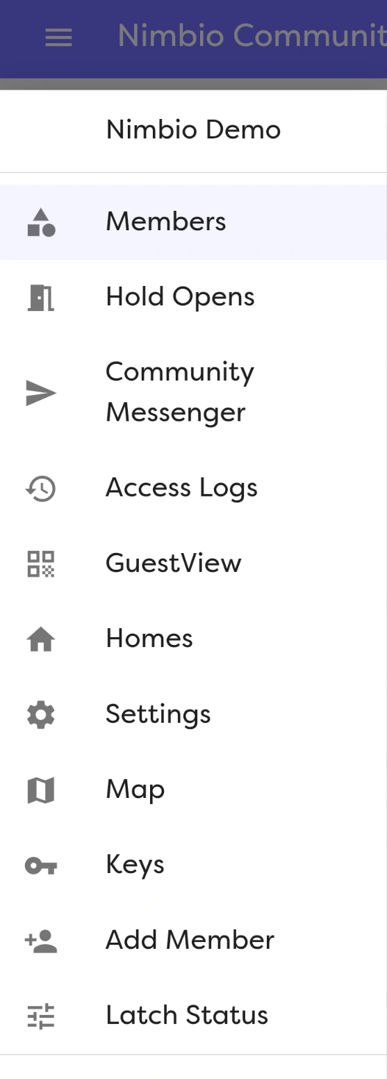 Nimbio Community Manager Dashboard menu showing Members, Hold Opens, Community Messenger, Access Logs, GuestView, Homes, Settings, Map, Keys, and Latch Status