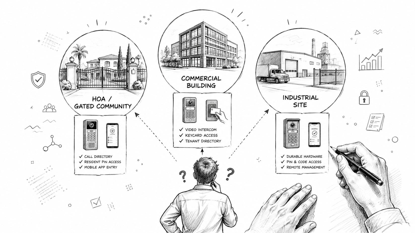 A hand-drawn illustration showing different door entry system options for residential, commercial, and industrial property management.