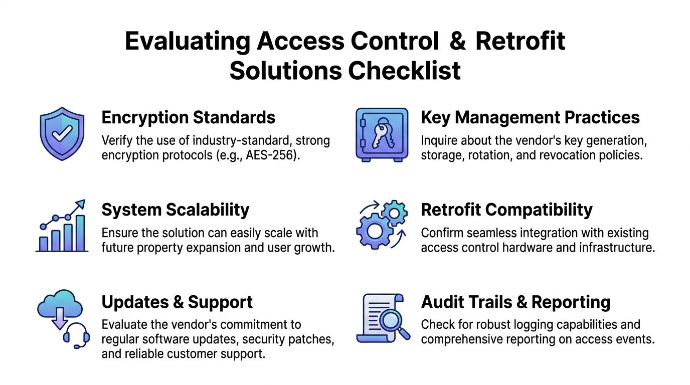 A checklist infographic titled Evaluating Access Control and Retrofit Solutions detailing six key security evaluation criteria.