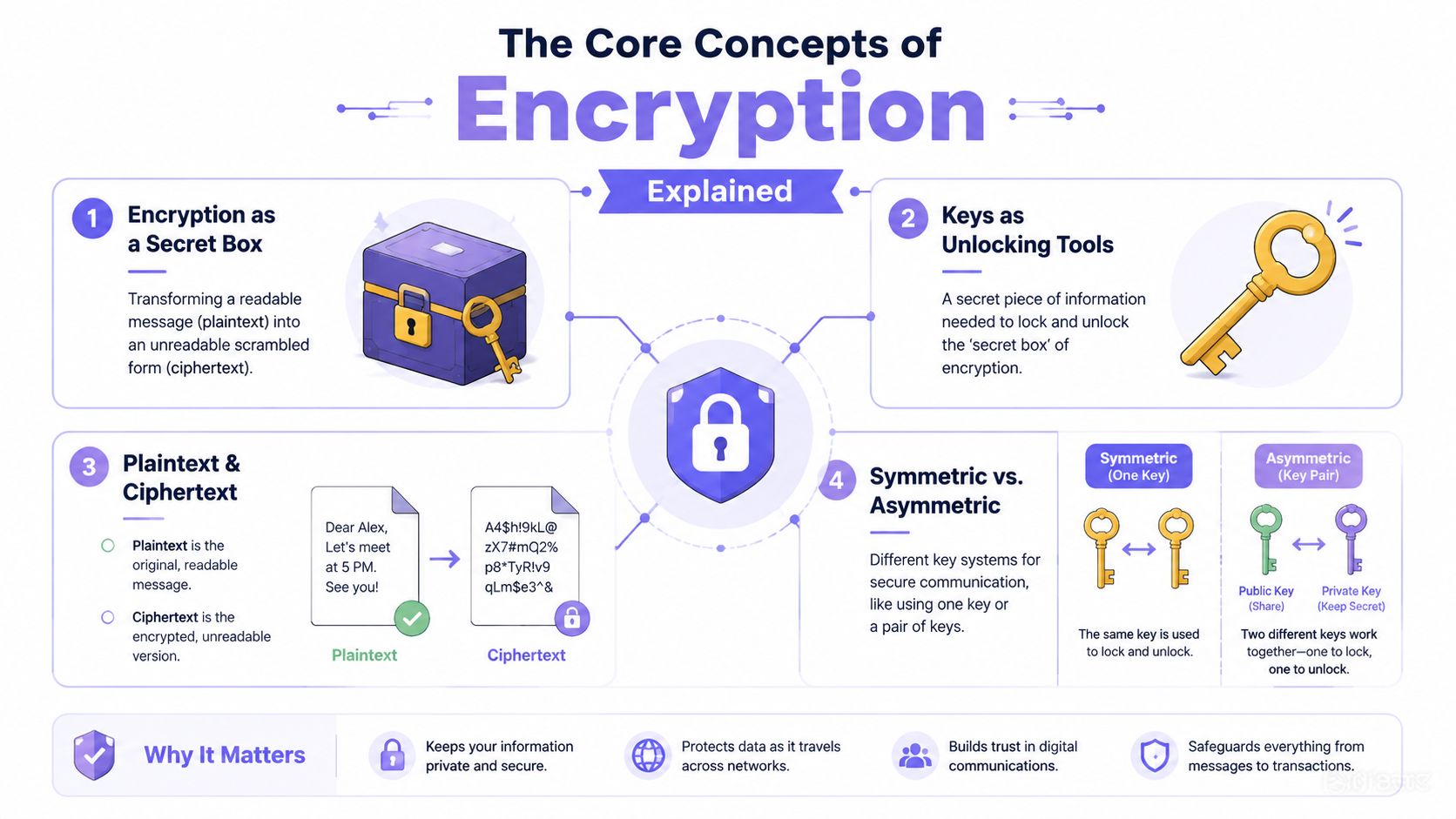 An infographic titled The Core Concepts of Encryption explaining secret boxes, keys, plaintext, ciphertext, and symmetric versus asymmetric systems.