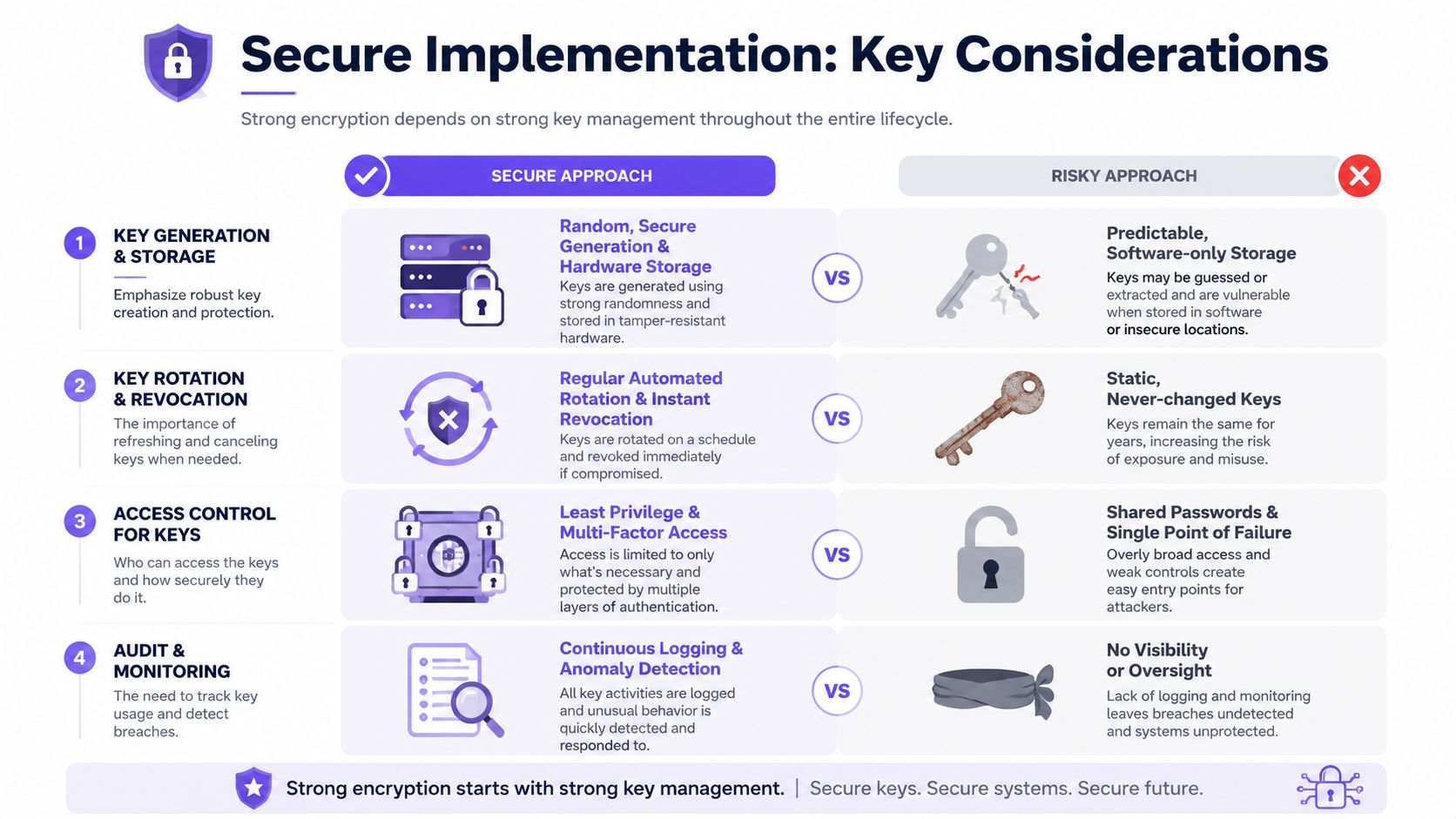 A comparison table outlining key considerations for secure encryption key management versus risky security practices.