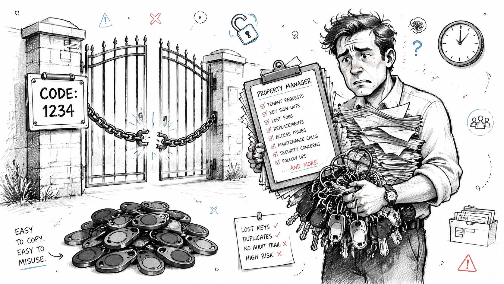 A stressed property manager struggling with physical keys and manual access logs at a insecure gated entry.