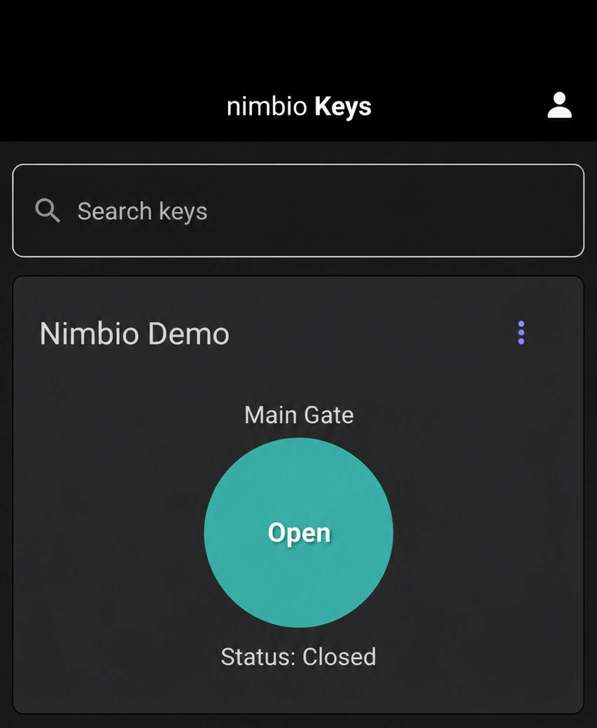 Nimbio Keys app showing the Main Gate key with the Open button and live Status: Closed below it