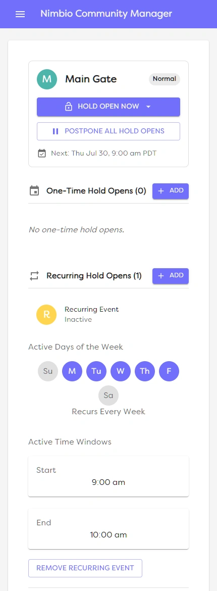 Nimbio Community Manager Hold Opens screen showing Hold Open Now, One-Time Hold Opens, and a Recurring Event set for weekday mornings