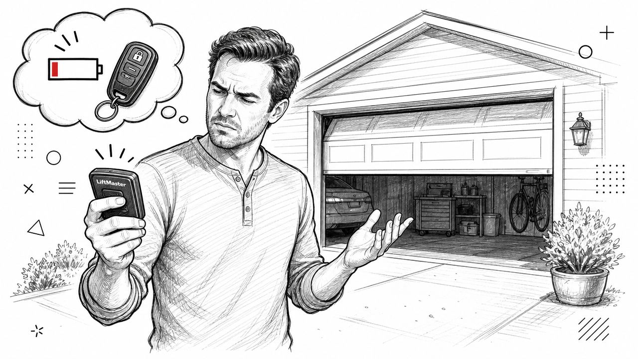A man looking frustrated at his garage door remote control while thinking about a low battery.