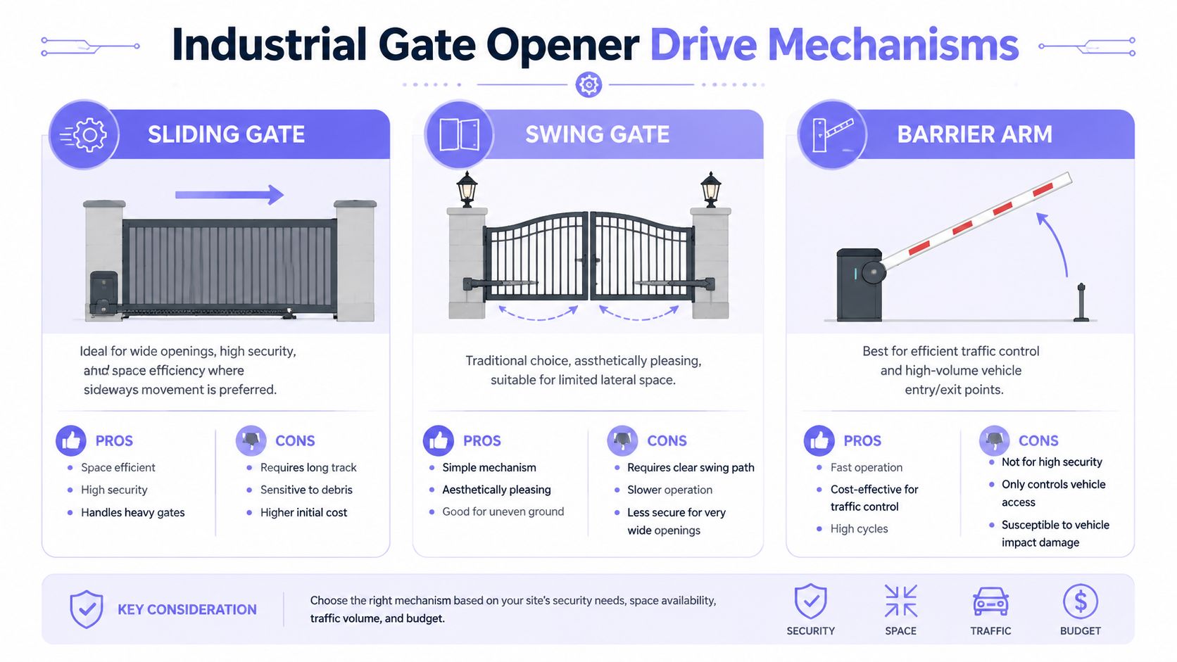 A comparison chart outlining the pros and cons of sliding gates, swing gates, and barrier arm mechanisms.