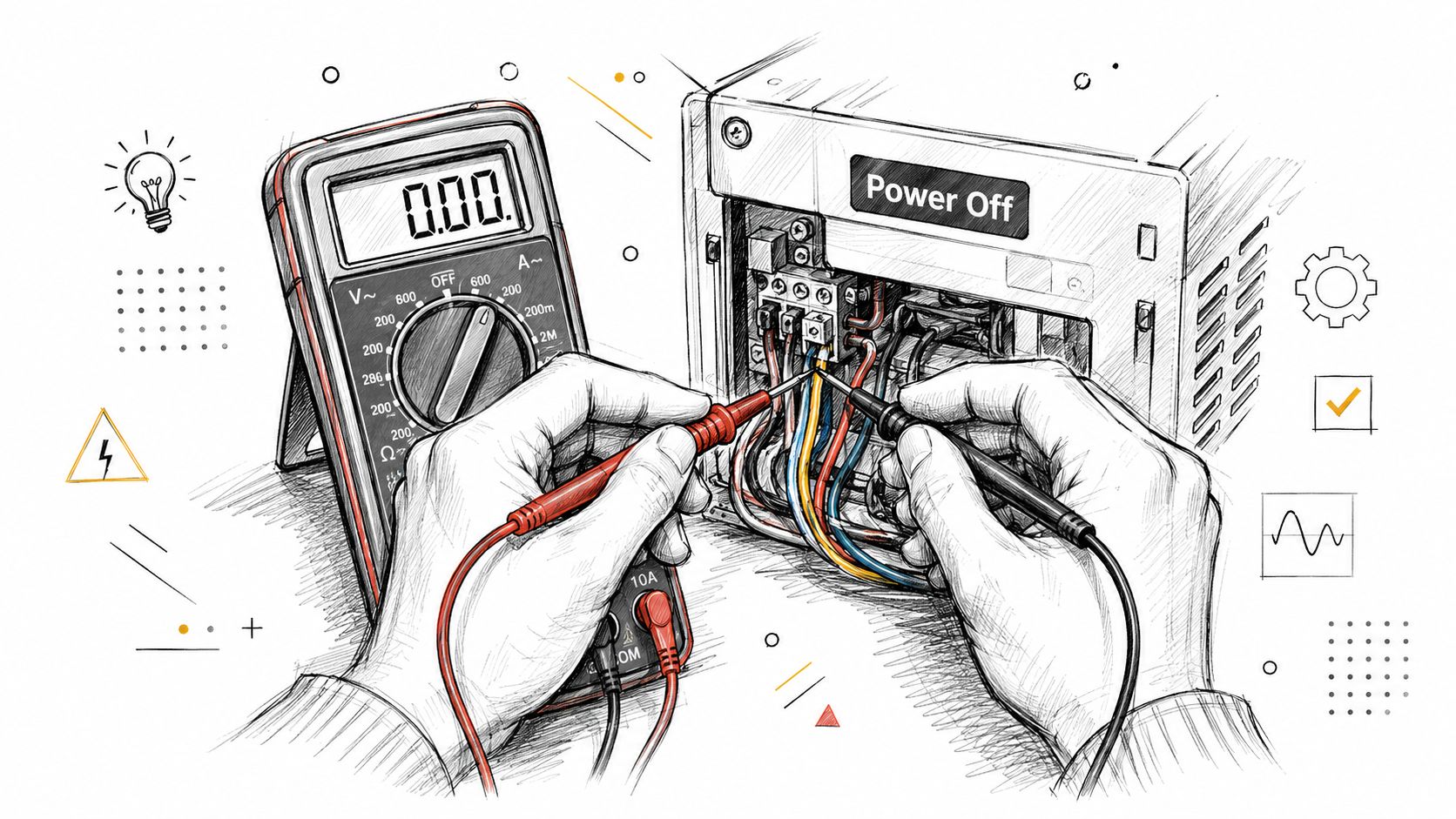 A technician using a digital multimeter to troubleshoot the electrical connections inside a power distribution device.