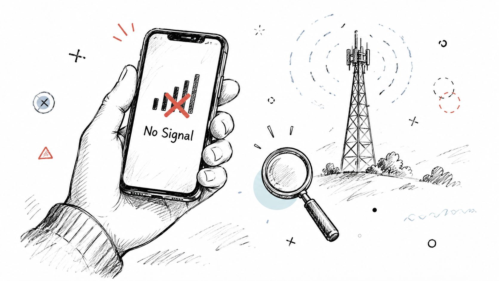 A hand holding a smartphone showing a no signal icon with a cell tower in the background.