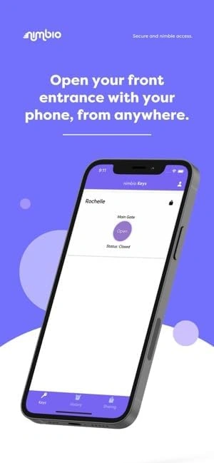 Nimbio app main screen — gate open button, GuestView, and access log