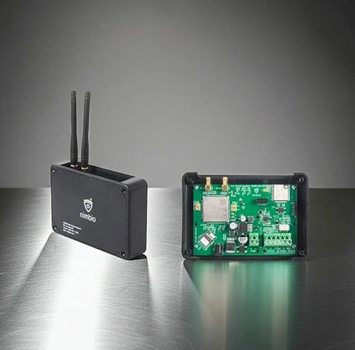 Nimbio cellular gate controller — closed device beside an open device showing the cellular board